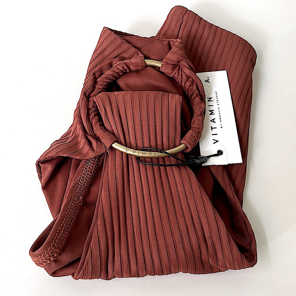 NWT Vitamin A LOLITA brown ribbed ring high leg highrise swim bikini bottoms 6 S